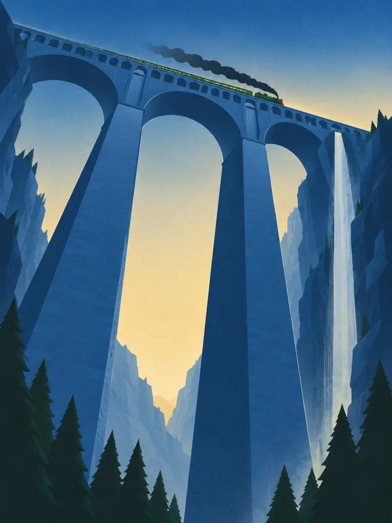 Poster Highcut Viaduct: lengkung batu biru menjulang dari dasar jurang, kereta kecil melintas di puncak, air terjun di samping